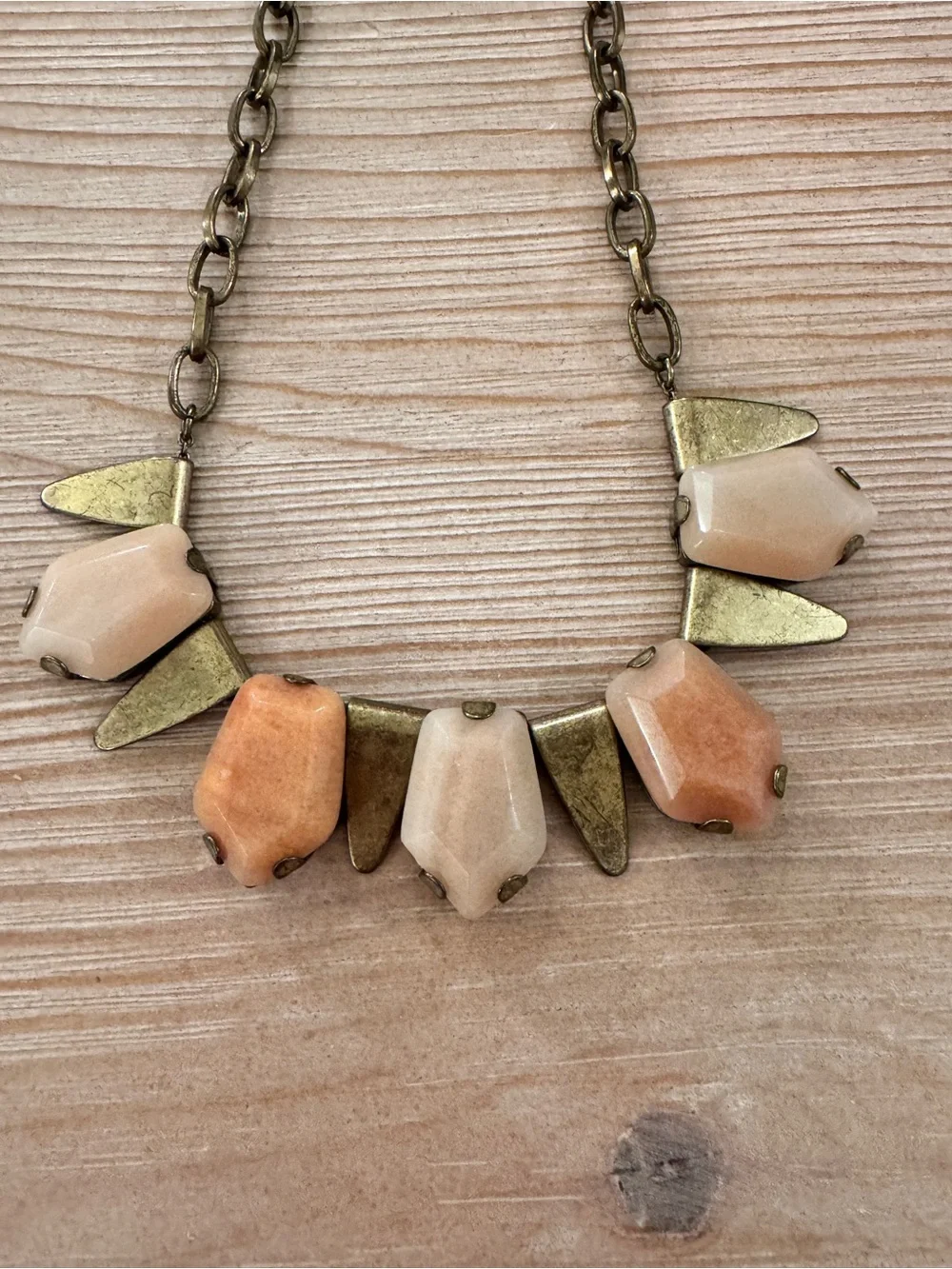 J.Crew Vintage-Inspired Gold/Brass Metal Triangles Peach Stone Bib Necklace